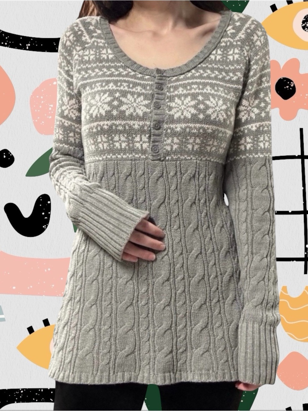 Sonoma | Y2K Knit Snowflake Fair Isle Patterned Button Chest Babydoll Sweater